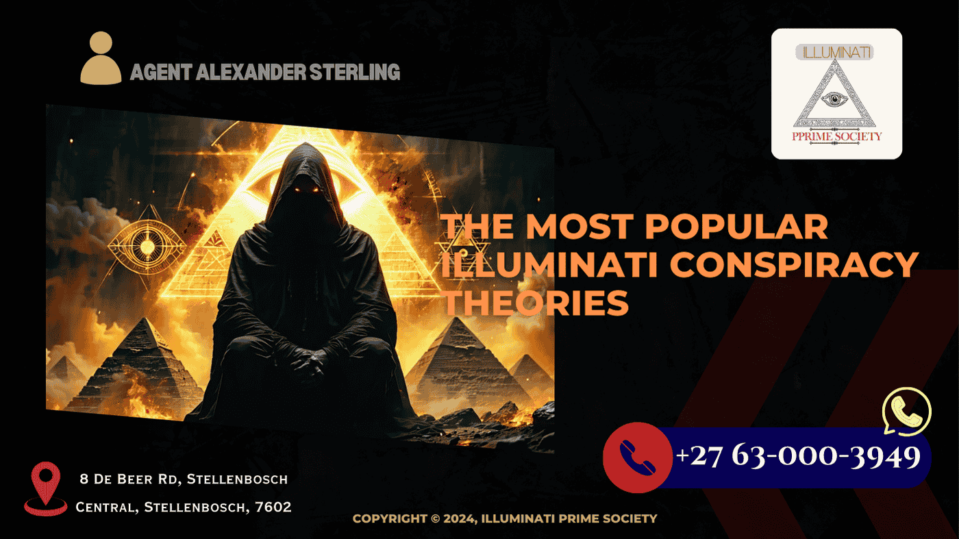 An enigmatic and shadowy figure surrounded by symbols often associated with the Illuminati, such as the all-seeing eye and pyramids.