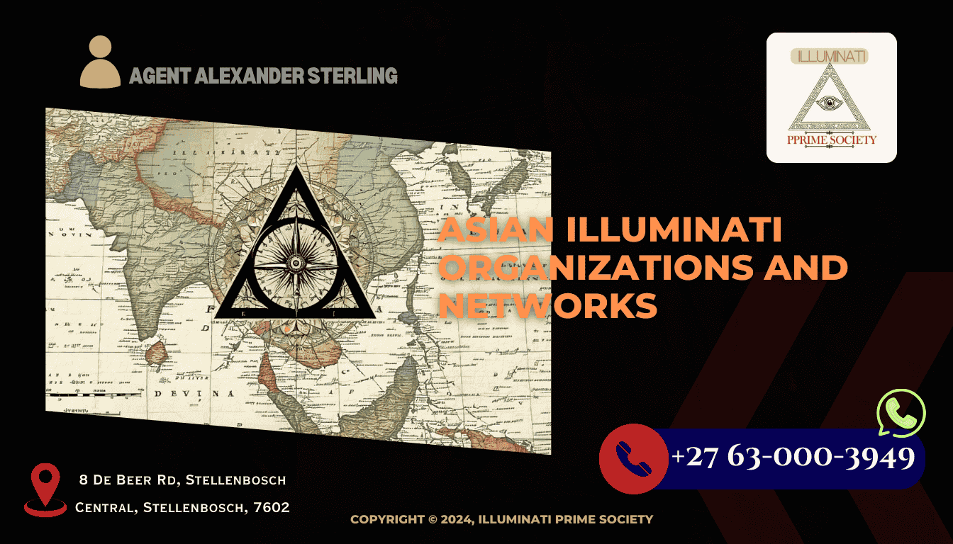 An enigmatic symbol overlaid on a map of Asia, representing the secretive nature of Illuminati organizations in the region.