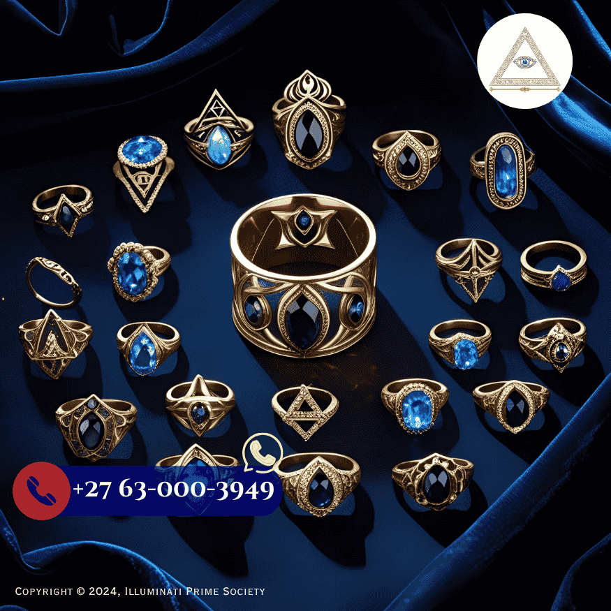 Collection of Illuminati rings, robes, and jewelry displayed in sacred formation