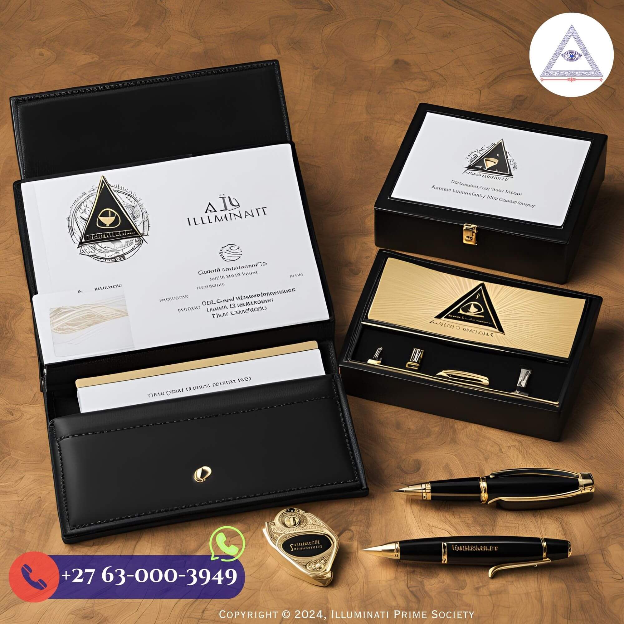 Complete Illuminati Elite Networking Kit with business card holder, luxury pen, and membership directory. 