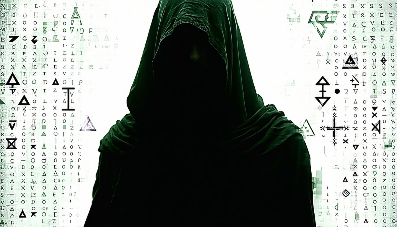 A dark, enigmatic figure shrouded in shadows, surrounded by symbols and codes often associated with secret societies.