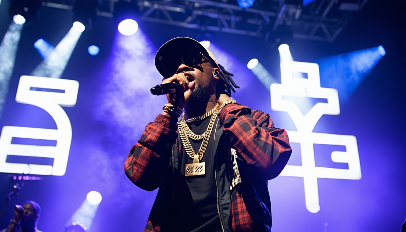 A famous rapper performing on stage, with mysterious symbols in the background, hinting at a deeper connection.