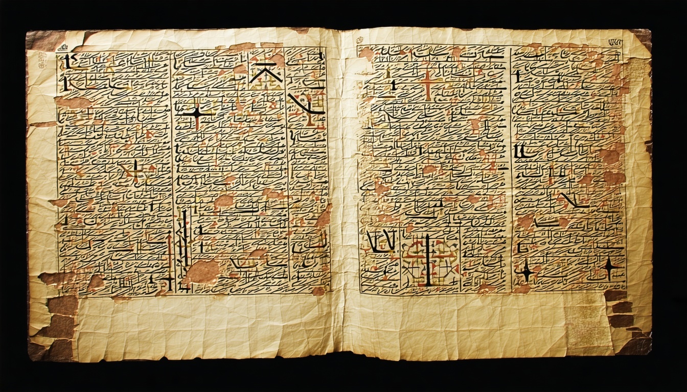 A mysterious ancient manuscript with cryptic symbols, representing the hidden knowledge of the Illuminati across centuries.