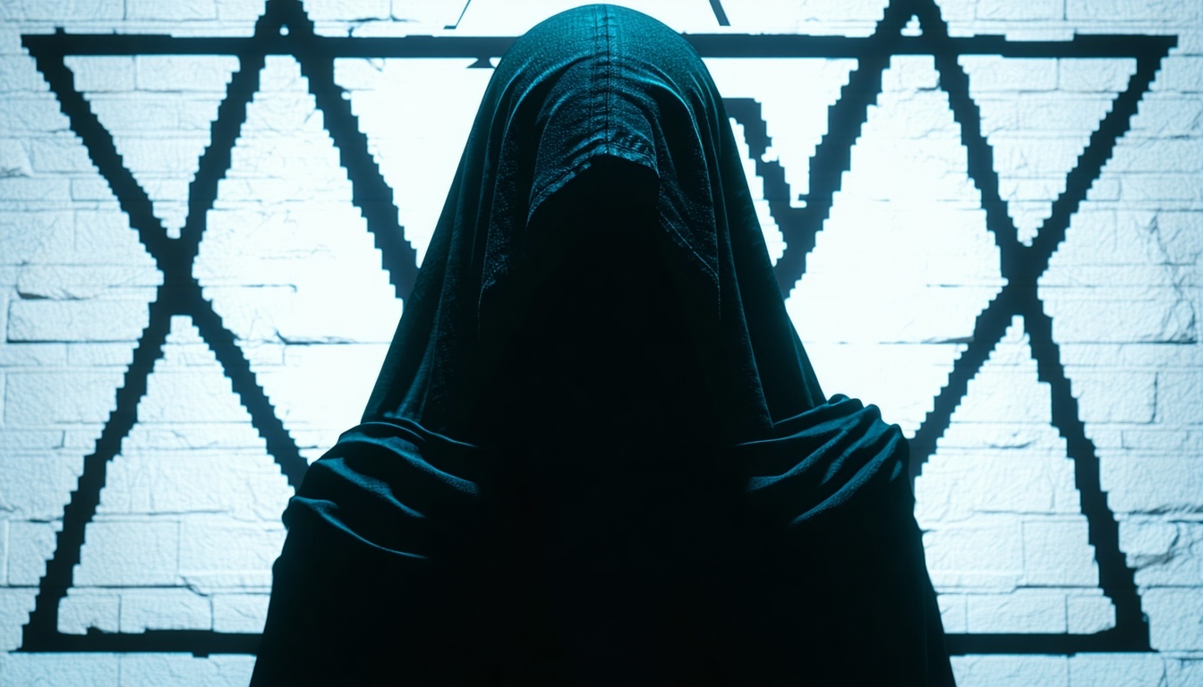 A mysterious and shadowy figure with an Illuminati symbol in the background, capturing the intrigue and secrecy surrounding the conspiracy theories.