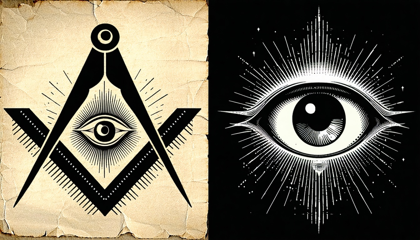 A mysterious and symbolic image featuring the square and compass of Freemasonry juxtaposed with the Eye of Providence, often associated with the Illuminati.