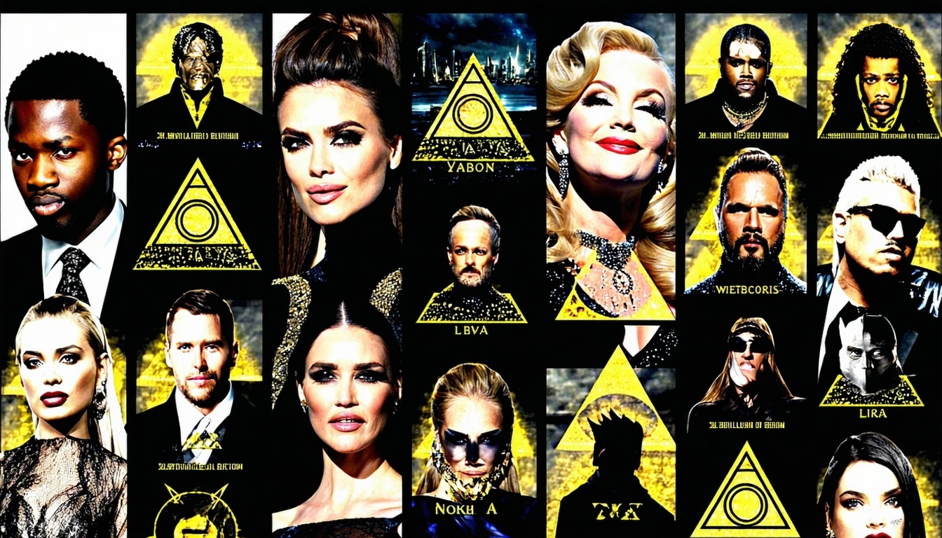 A mysterious collage featuring famous celebrities with hidden Illuminati symbols.