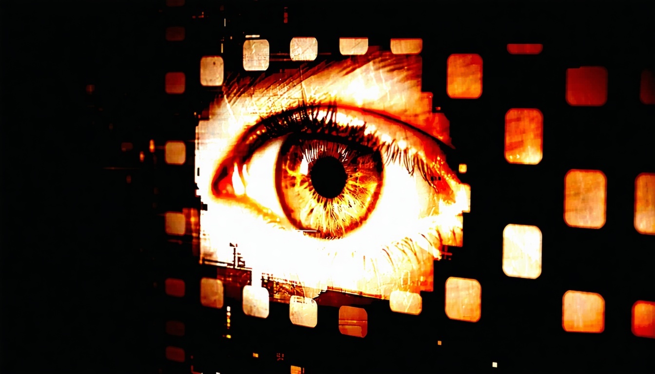 A mysterious eye symbol subtly embedded within a film reel, representing the hidden influence of the Illuminati in Hollywood films.