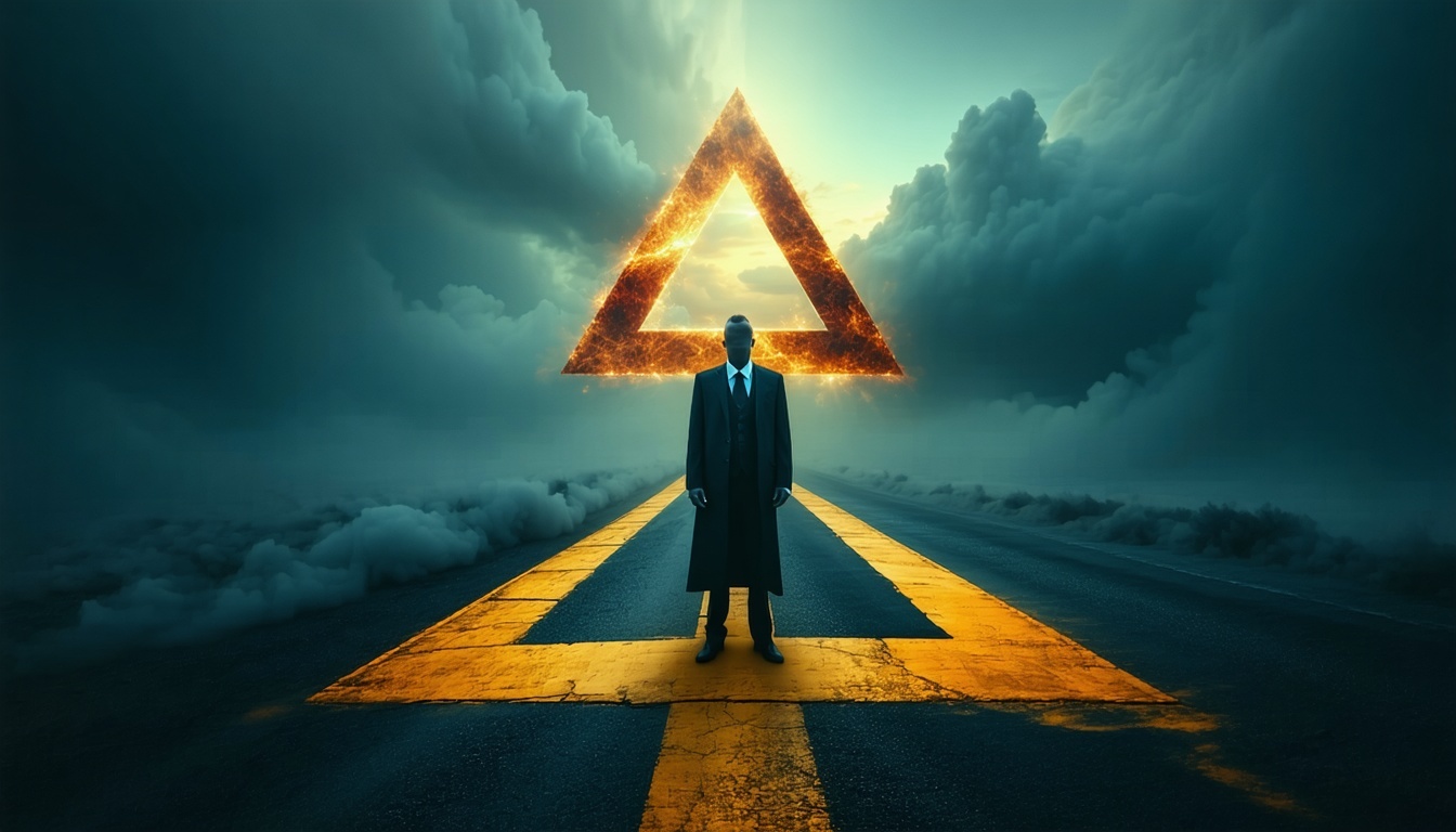 A mysterious figure standing at a crossroads, symbolizing the difficult decision of leaving the Illuminati.
