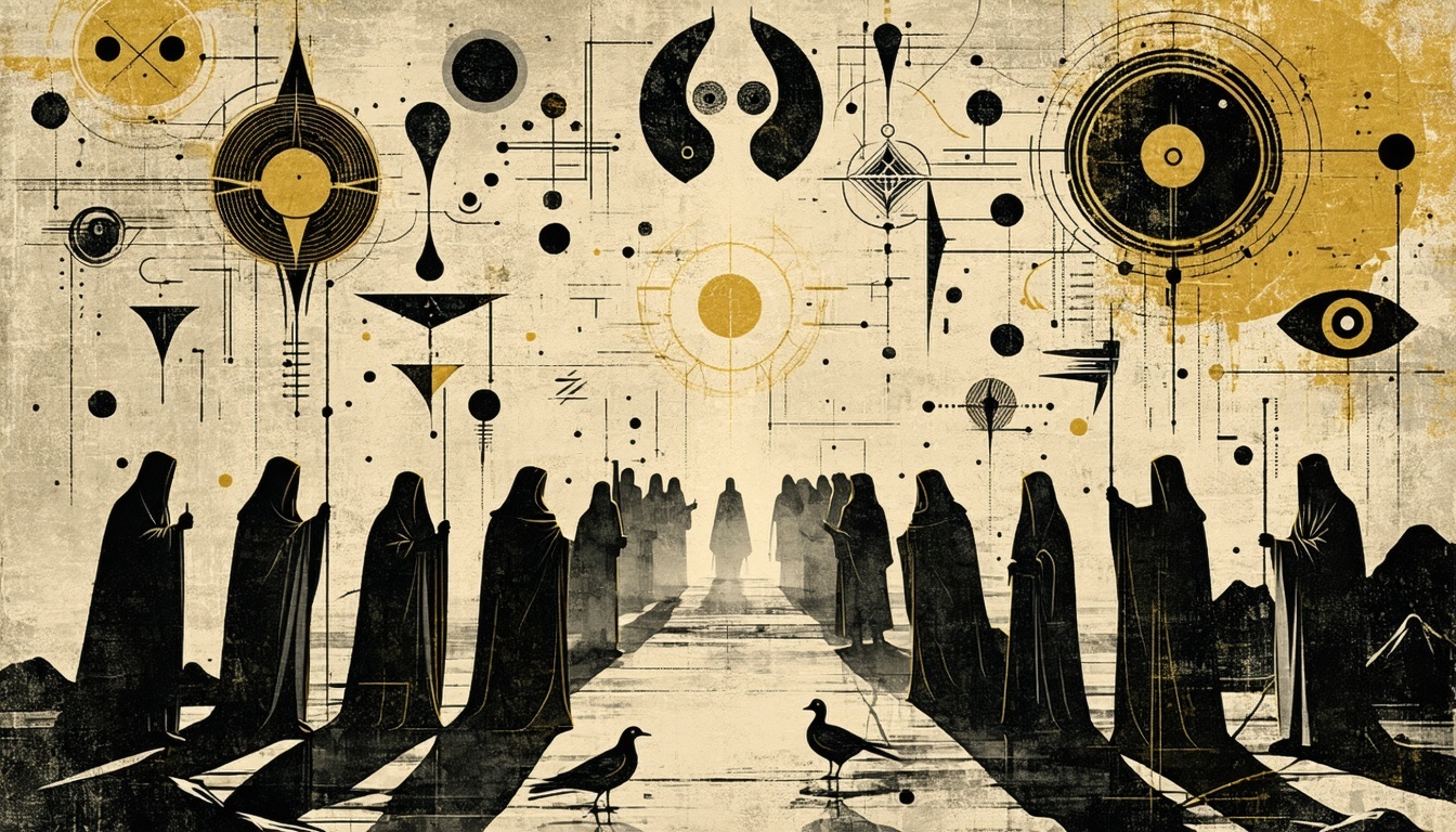 A mysterious gathering with symbolic imagery, hinting at secretive activities and hidden motives.