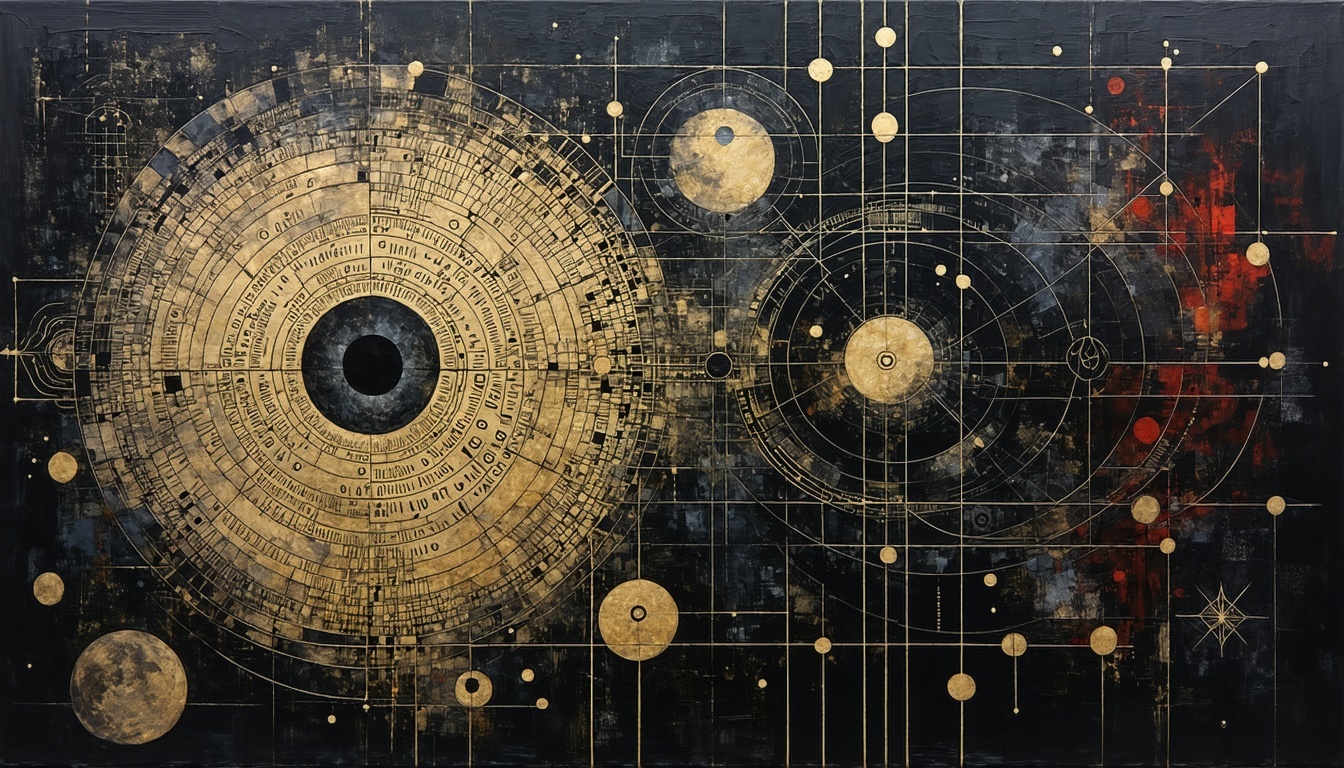 A mysterious painting with hidden symbols and an abstract, eye-catching design that hints at secretive influences.