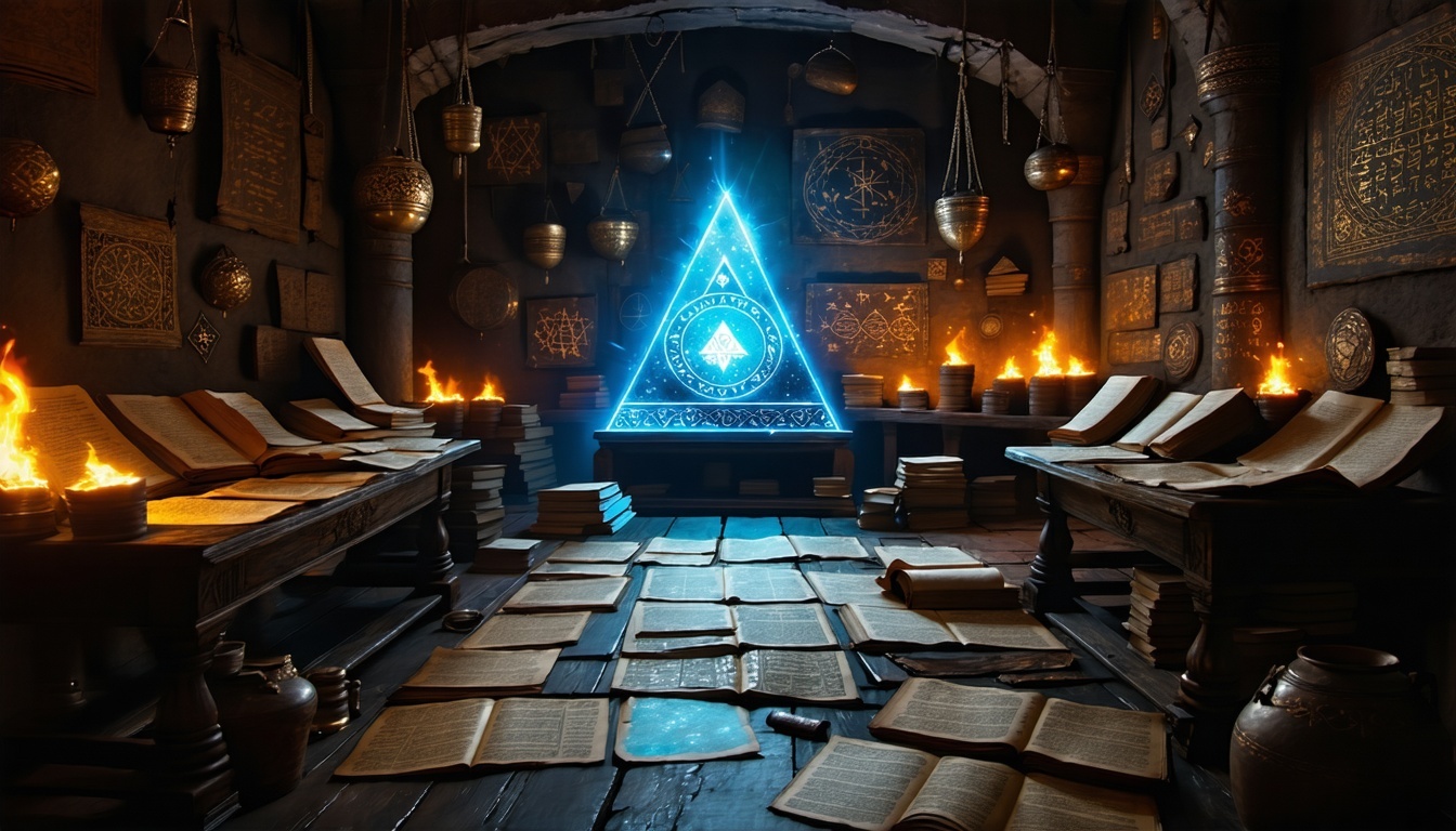 A mysterious, dimly lit room filled with ancient m