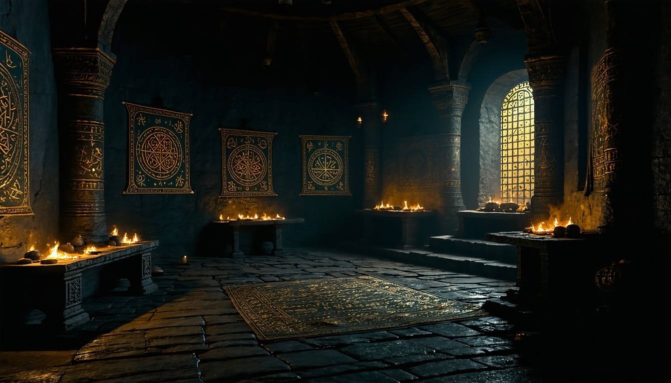 A mysterious, dimly lit room with symbols and ancient manuscripts hinting at secret rituals.