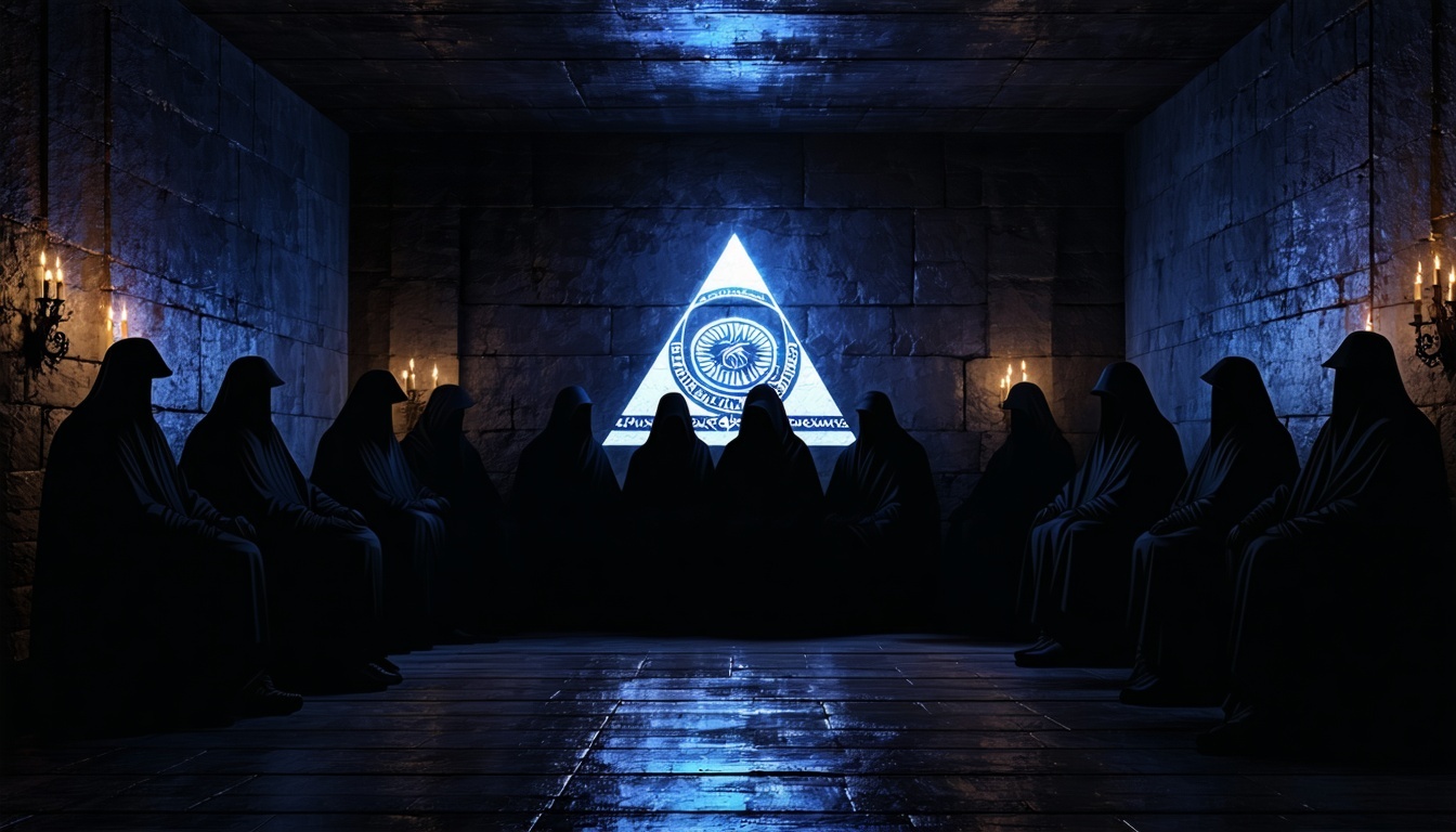 A mysterious, dimly-lit room with shadowy figures, symbolizing the secrecy and confidentiality of the Illuminati.