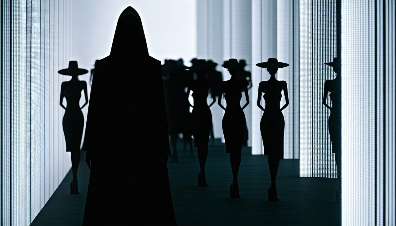 A mysterious, shadowy figure behind a fashion runway, symbolizing the hidden influence of the Illuminati in the fashion world.