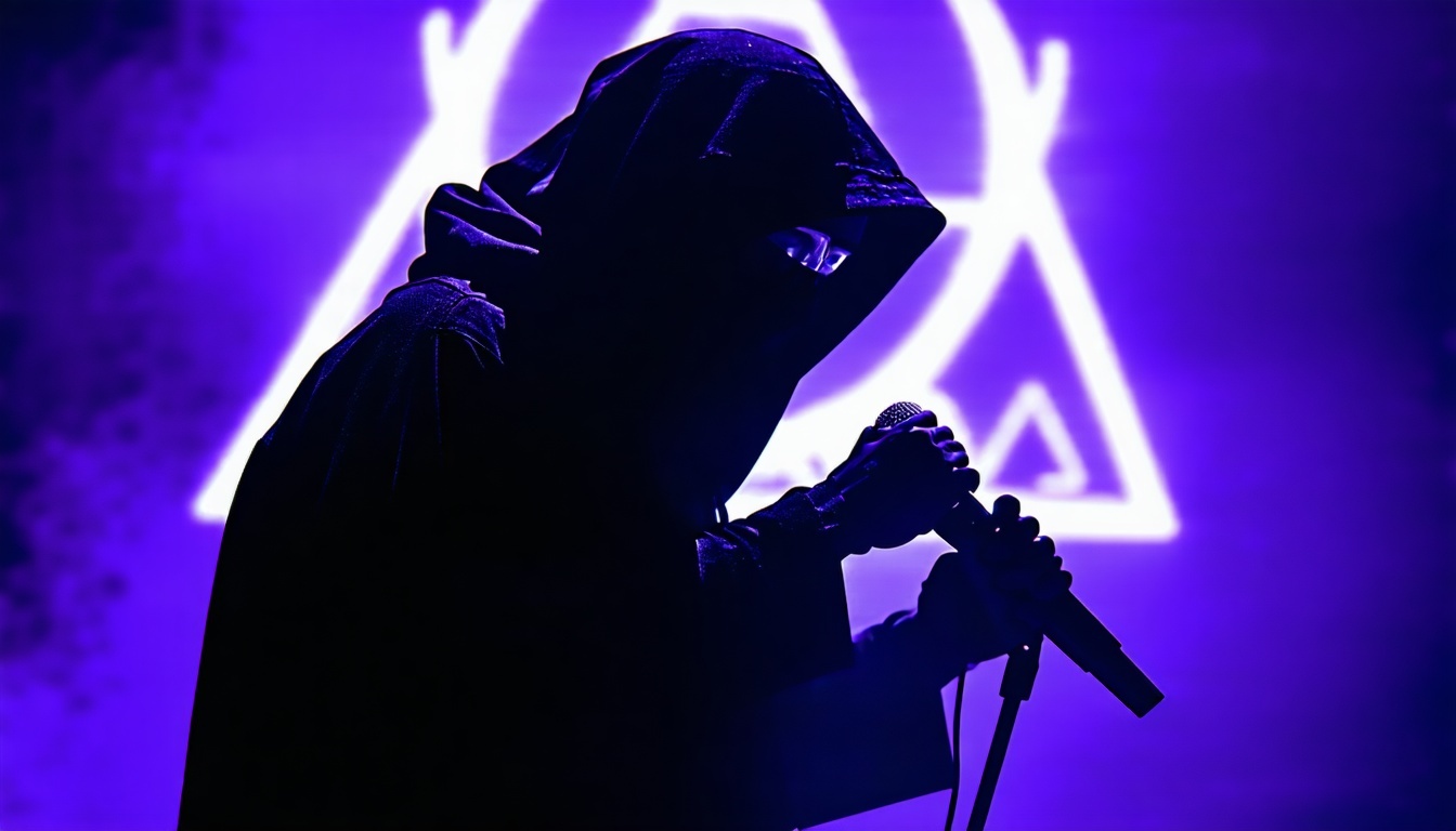 A mysterious, shadowy figure holding a microphone with Illuminati symbols in the background.