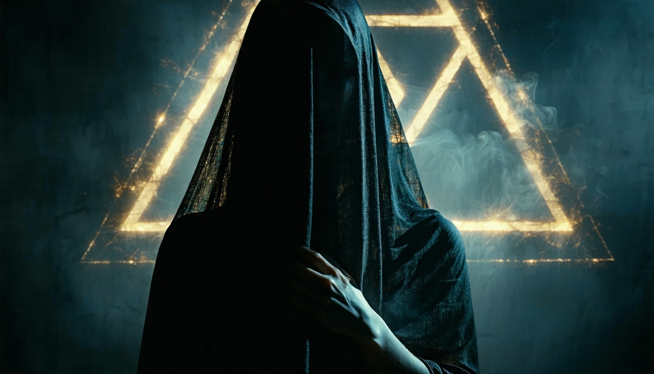 A mysterious, shadowy figure of a woman standing behind a veil with Illuminati symbols faintly visible in the background.