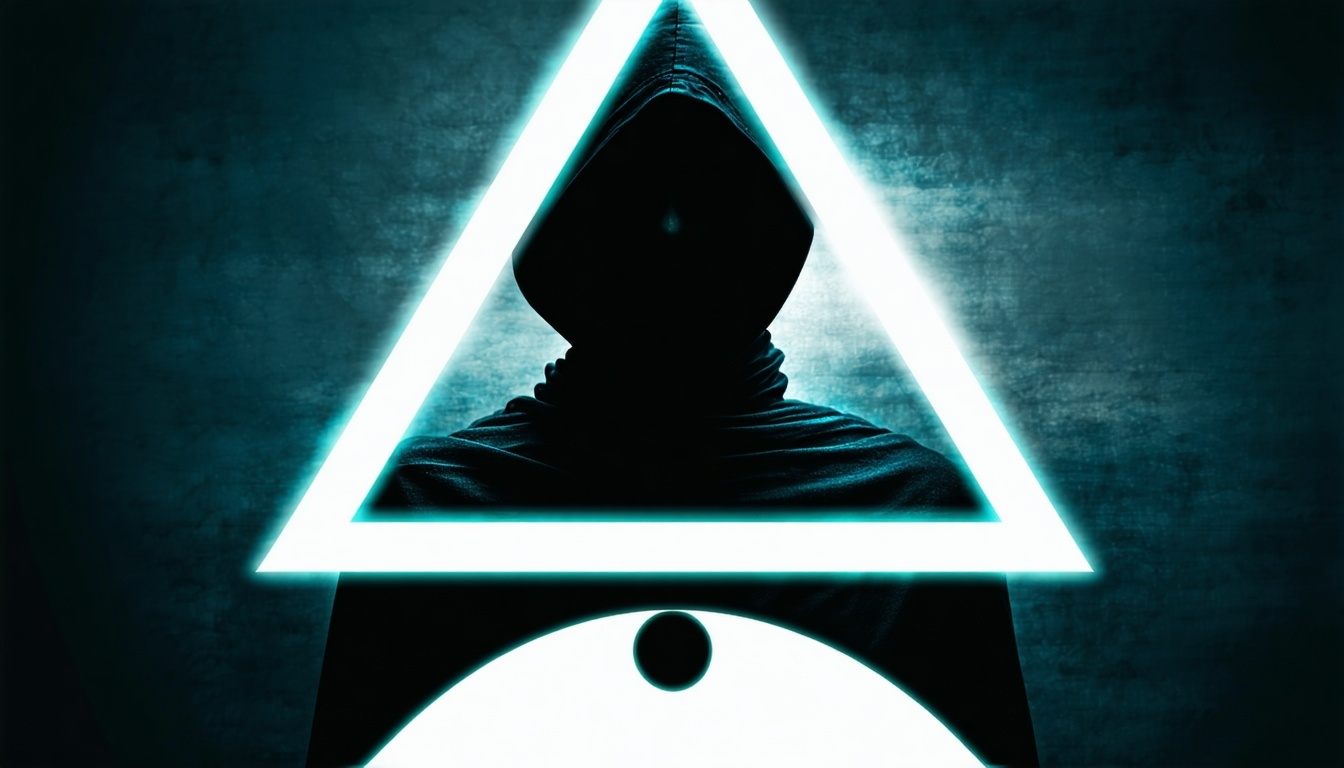 A mysterious, shadowy figure with the iconic Illuminati triangle and eye symbol in the background, evoking a sense of intrigue and secrecy.