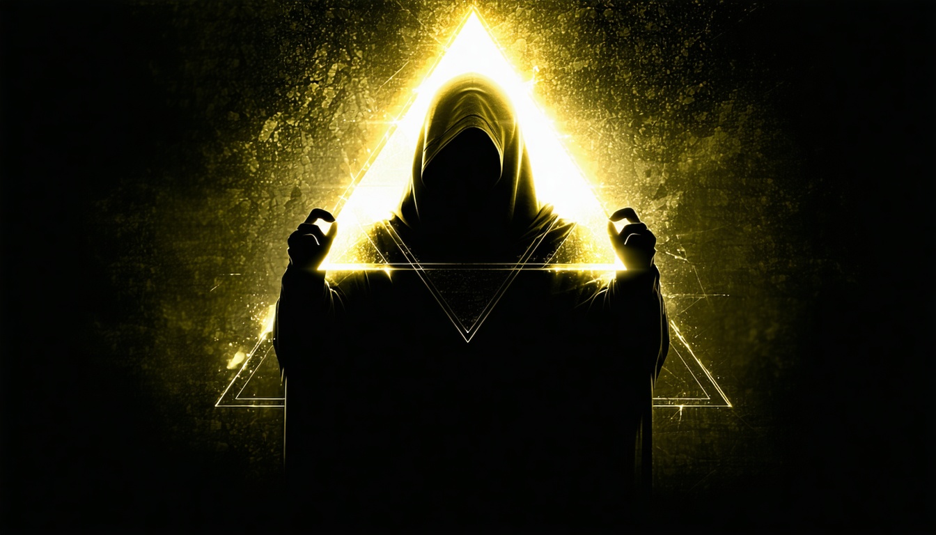 A shadowy figure holding a glowing pyramid symbol, representing the secrecy and allure of the Illuminati.