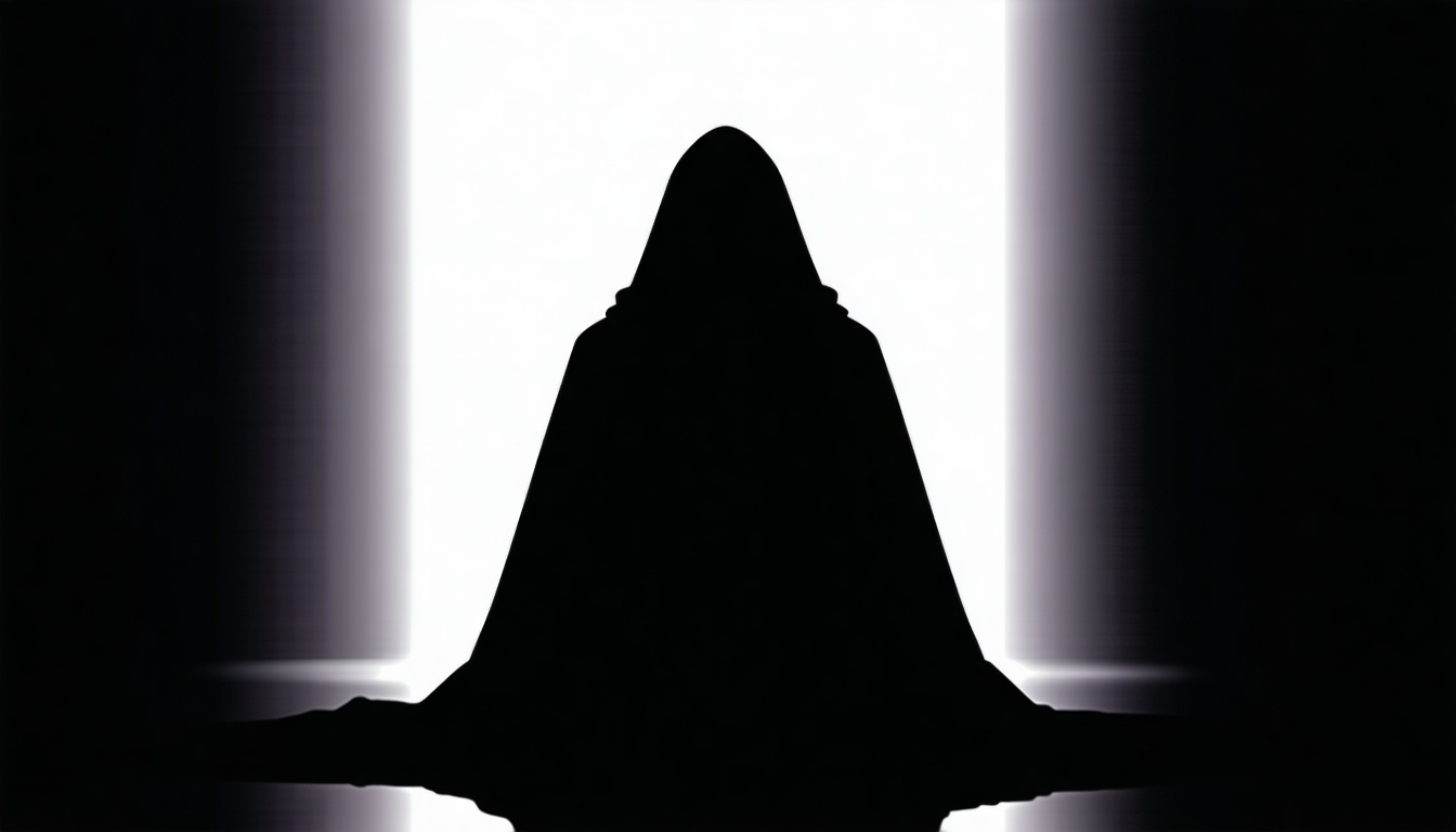 A shadowy figure in a dimly lit room, symbolizing the mystery and enigma of Illuminati initiation.