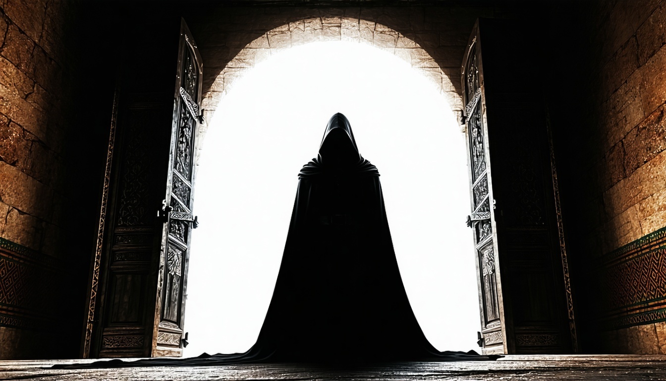 A shadowy figure in a hooded cloak, standing before an ancient, ornate doorway, symbolizing the secretive initiation rites of the Illuminati.