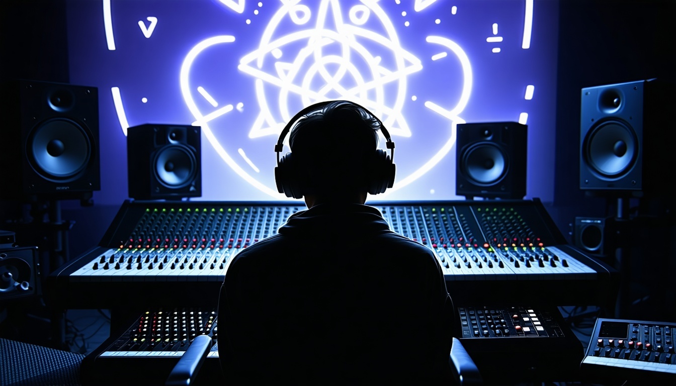 A shadowy figure in a recording studio with symbol