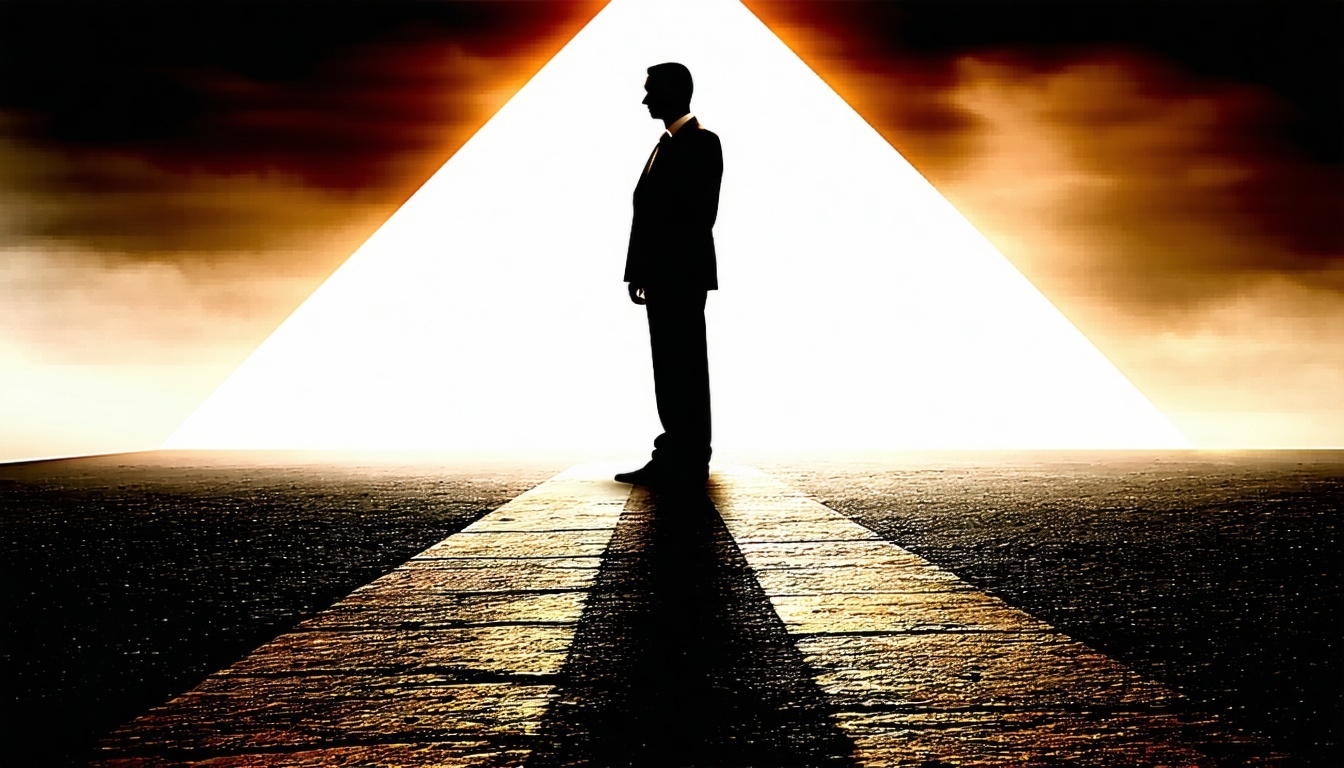 A shadowy figure standing at a crossroads, symbolizing the uncertainty and mystery of failing the Illuminati initiation.