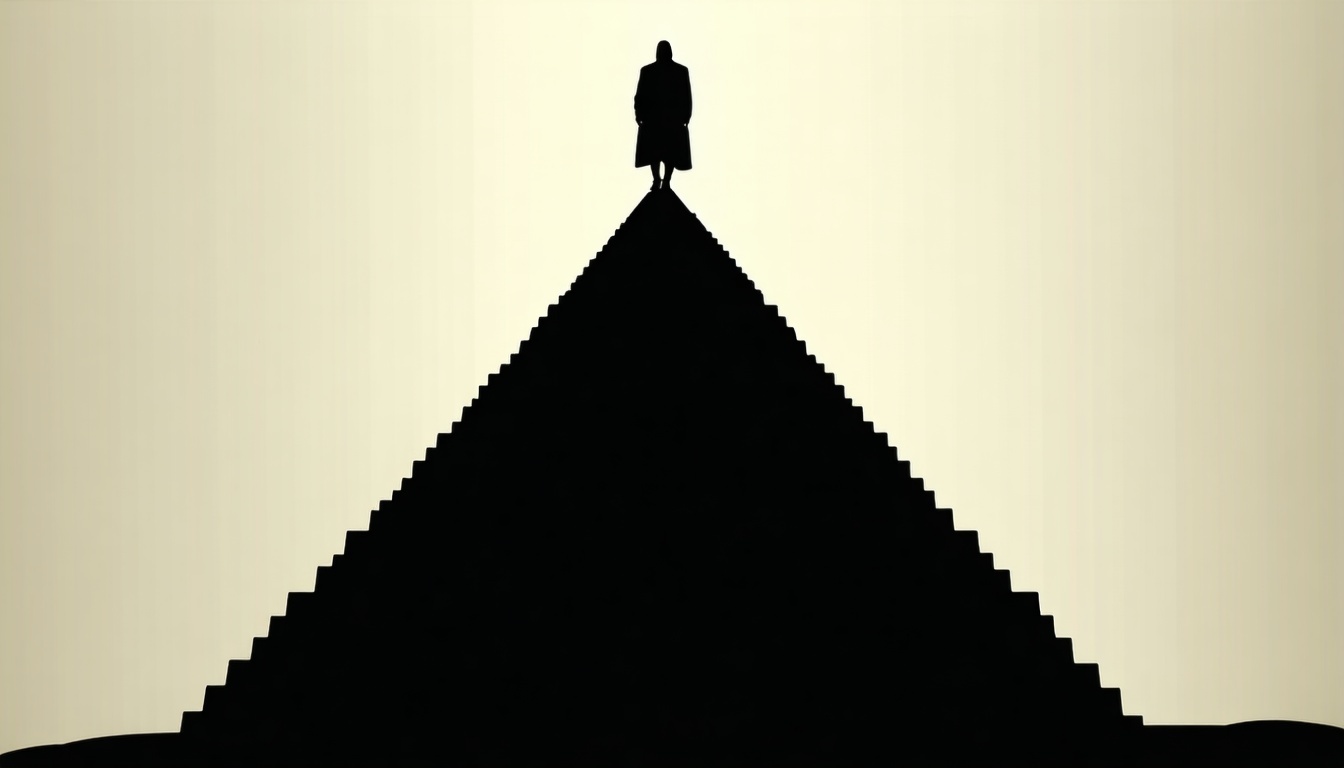 A shadowy figure standing at the top of a pyramid, symbolizing the concept of a hierarchical structure within a secret society.