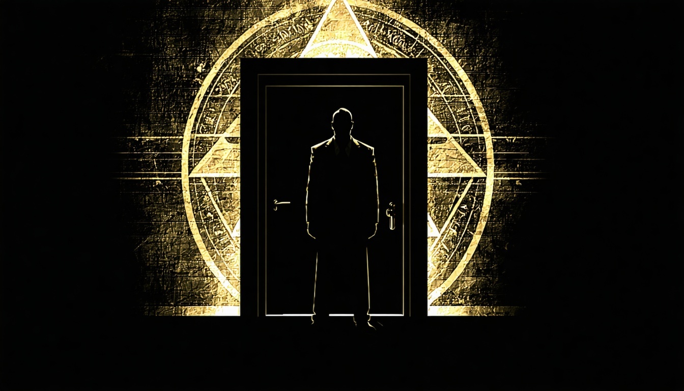 A shadowy figure standing before a mysterious doorway, symbolizing the entrance to the secretive world of the Illuminati.
