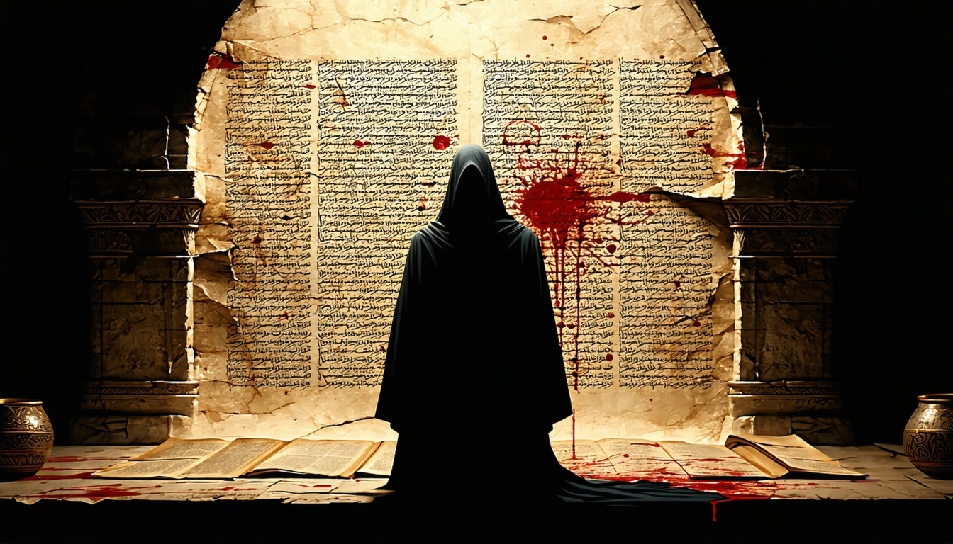 A shadowy figure standing before an ancient, illuminated manuscript with a blood-red seal
