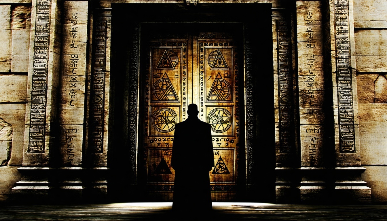 A shadowy figure standing in front of a grand, ancient door with mysterious symbols etched into the frame, symbolizing the gateway to the Illuminati.