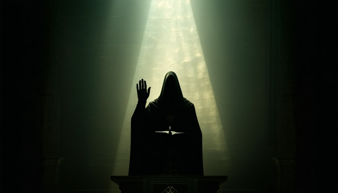 A shadowy figure taking an oath in a dimly lit room, symbolizing the secrecy and intrigue surrounding the Illuminati.