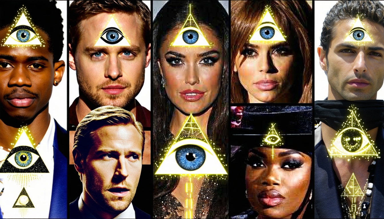 An enigmatic collage of celebrities subtly showcasing alleged Illuminati symbols, such as the all-seeing eye and pyramid.