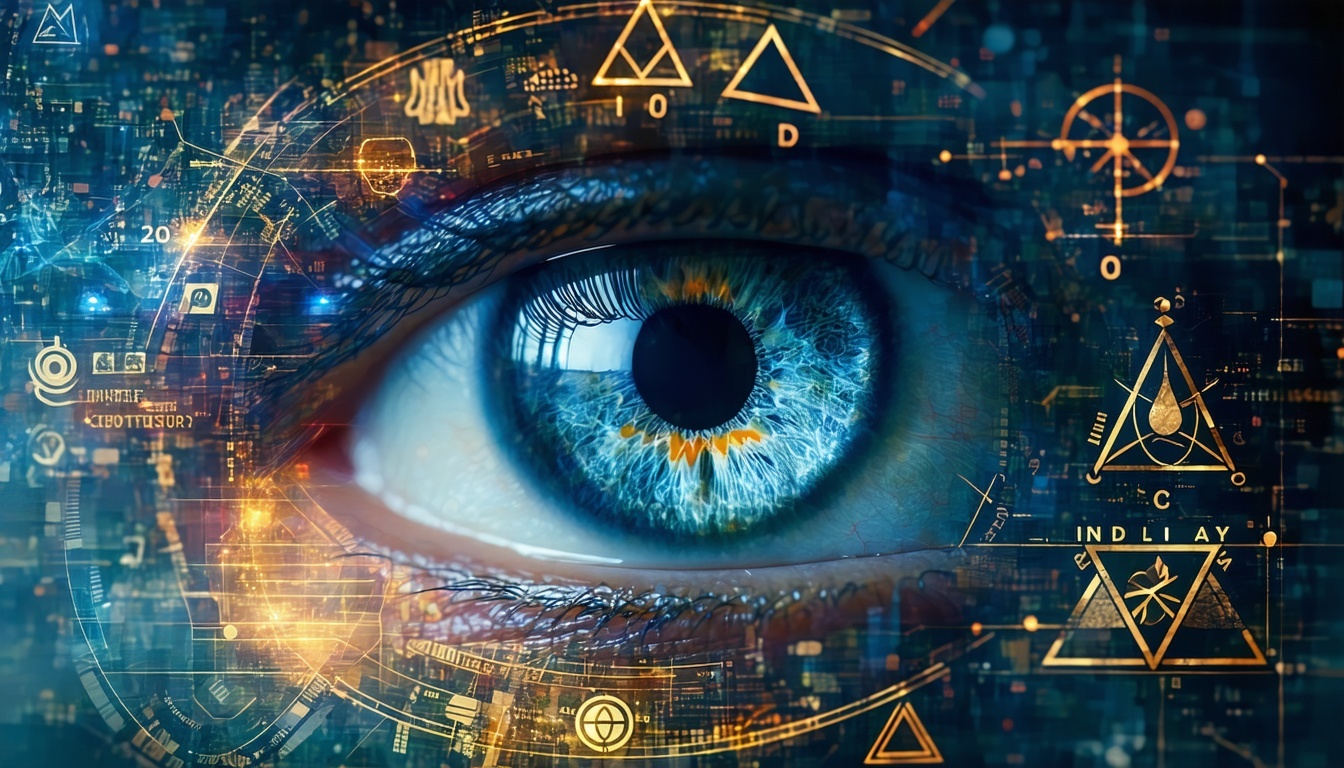 An enigmatic eye symbol surrounded by mysterious symbols, representing the secretive nature of the Illuminati and mind control.
