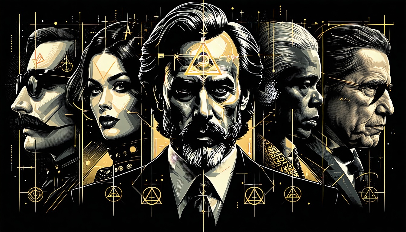 An enigmatic illustration depicting famous personalities with Illuminati symbols, shrouded in mystery and intrigue.