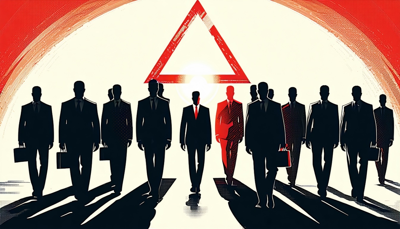 An enigmatic illustration of shadowy figures in suits, representing the mysterious control over global politics often attributed to the Illuminati.