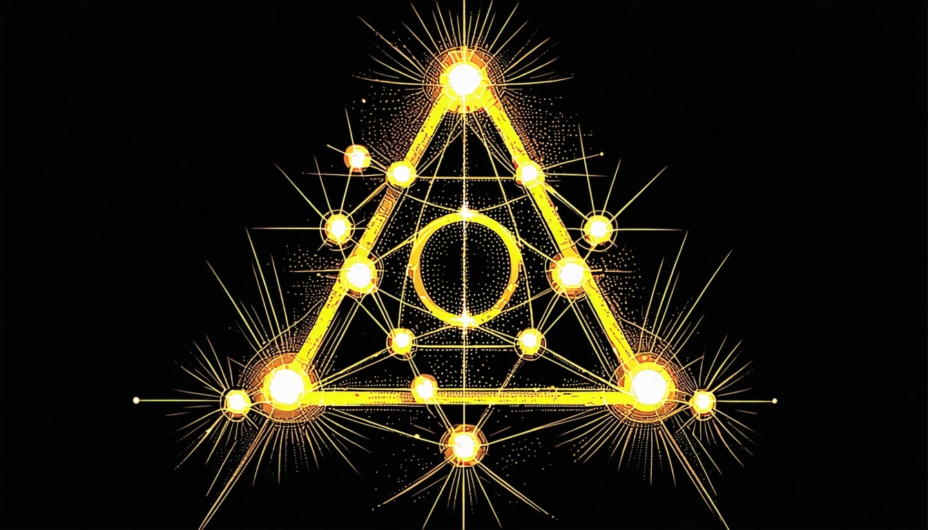 An enigmatic symbol combined with interconnected nodes representing a network, symbolizing the secretive and powerful connections within the Illuminati.