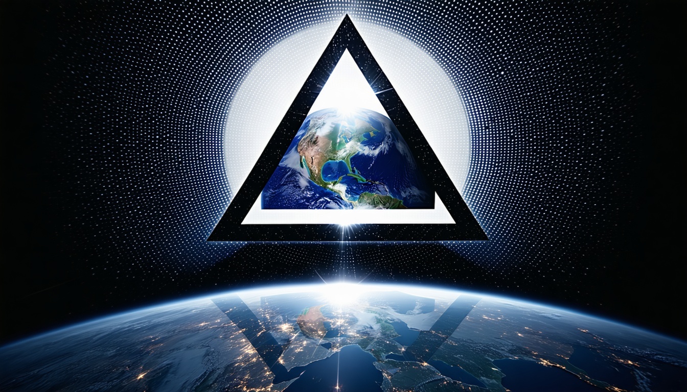 An enigmatic symbol of the Illuminati casting a shadow over the globe, signifying the secretive and pervasive influence they allegedly hold.
