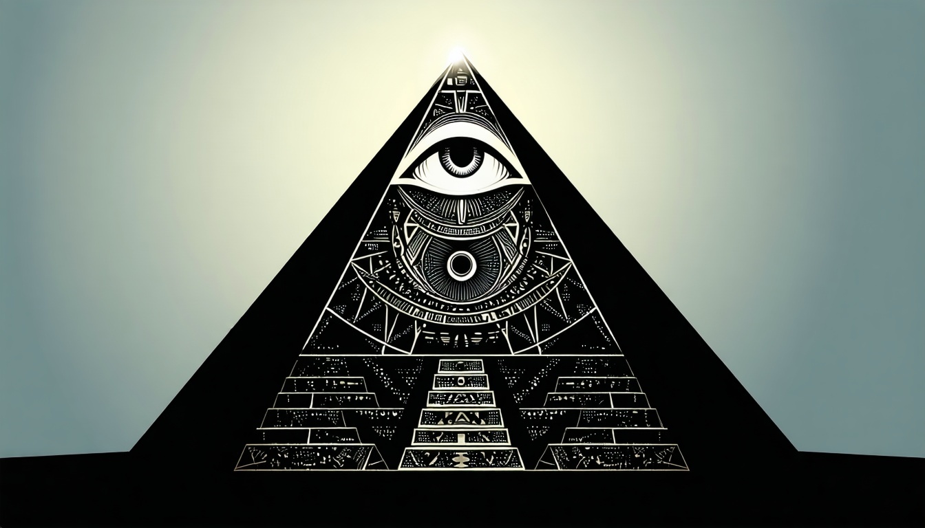 An intricate, shadowy pyramid with an all-seeing eye at its apex, symbolizing the hierarchy and mystery of the Illuminati.